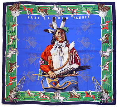 Kermit Oliver's first Hermes scarf shows a Pawnee Native American chief. 