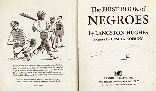 The front inside pages of "The First Book of Negroes." Langston Hughes lists his sources on the left page, including Arna Bontemps, his collaborator and friend.