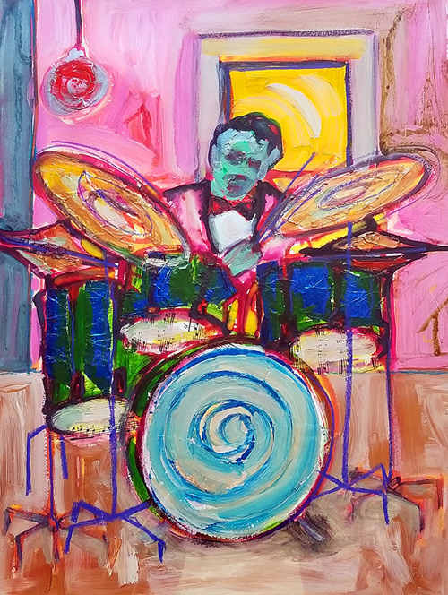 Artist Verna Hart painting of jazz drummer. 