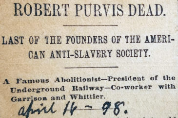 Newspaper headline announcing the death of Robert Purvis.