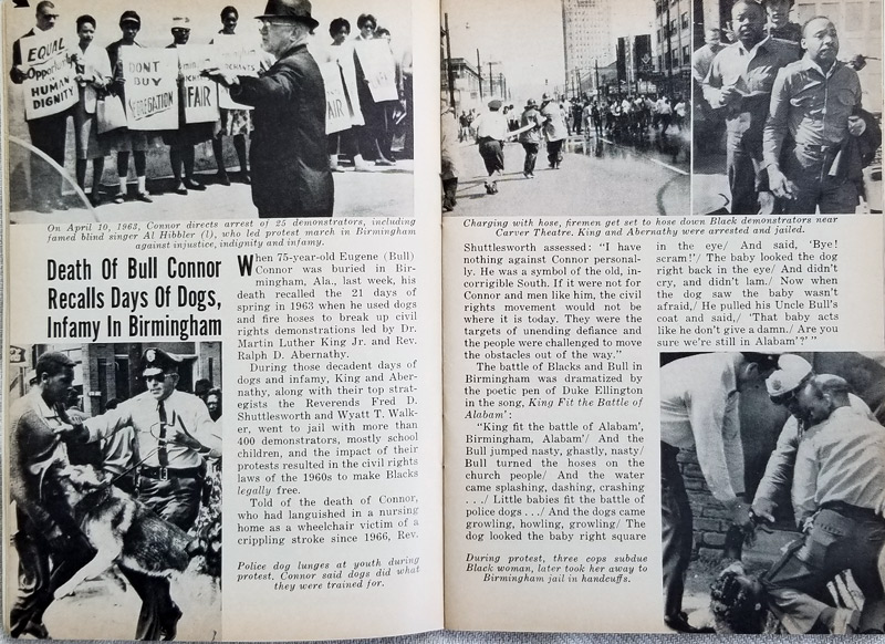 Jet magazine, March 29, 1973, with story on the death of Eugene (Bull) Connor, one of the most vicious police chiefs in the South, whose officers at his command sicced German shepherd dogs and aimed fire hoses at adults and children in Birmingham, AL, in 1963.