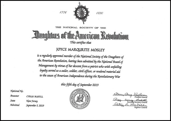 Joyce Mosley's certificate of membership in the Daughters of the American Revolution.