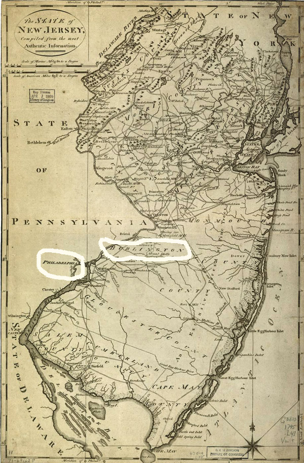 A 1795 map of New Jersey shows Burlington, NJ, where Cyrus Bustill baked bread for the Continental Army. Photo from blackpast.org.