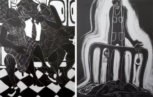 At left, "Daddy Had a Big Lap," 1995 aquaprint. At right, "The Gilded Six Bits," 1988 monotype from the Zora Neale Hurston series. It is the title of a short story by the writer.