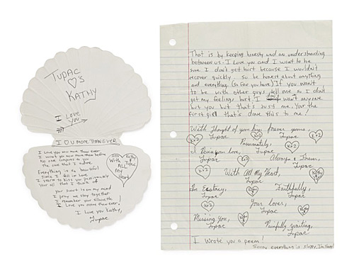 Two letters from the handwritten stash of Tupac Shakur's handwritten love letters. 