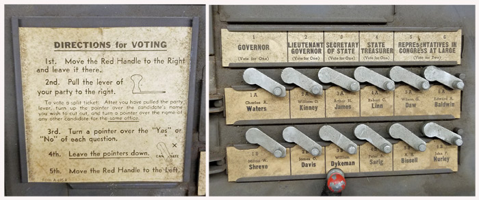 Up-close view of parts of the demonstration voting machine at auction.