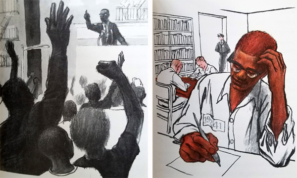 Two illustrations by John Wilson from the children's book "Malcolm X."