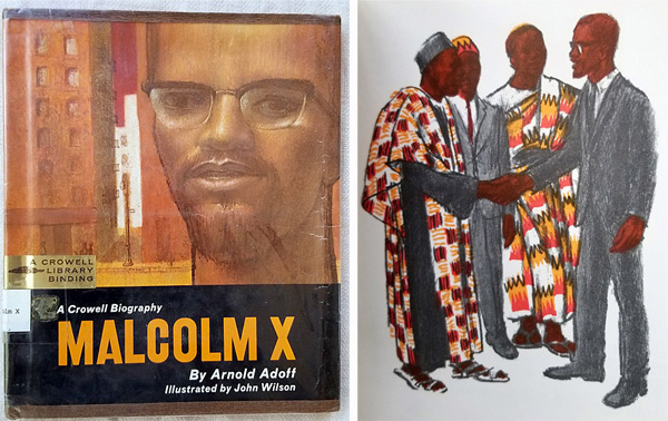 The cover and an inside page of the children's book "Malcolm X," illustrated by John Wilson. 