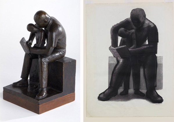 At left, John Wilson's "Father and Son (1985)" bronze sculpture. At right, "Father and son reading (1973)," lithograph. Photos respectively from arthur.io and collections.artsmia.org.