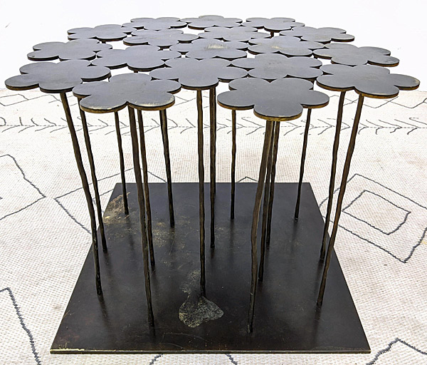 One of two black patinated bronze side tables by Hubert Le Gall. Sold at auction, It shows some wear from use. 