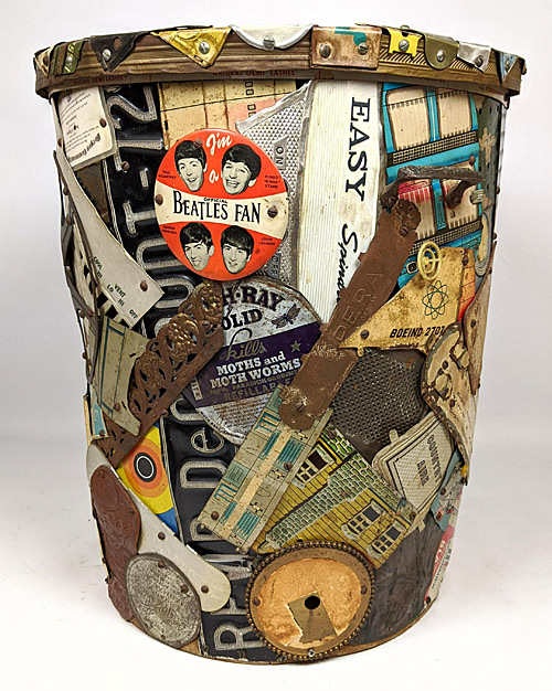 One side of artist Leo Sewell's trash-can with found objects. Photo from uniquesandantiques.com.