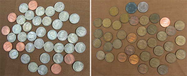 At left, Buffalo and Indian head nickels, dimes and other coins. At right, the flip side of Lincoln pennies showing wheat and the Lincoln Memorial. 