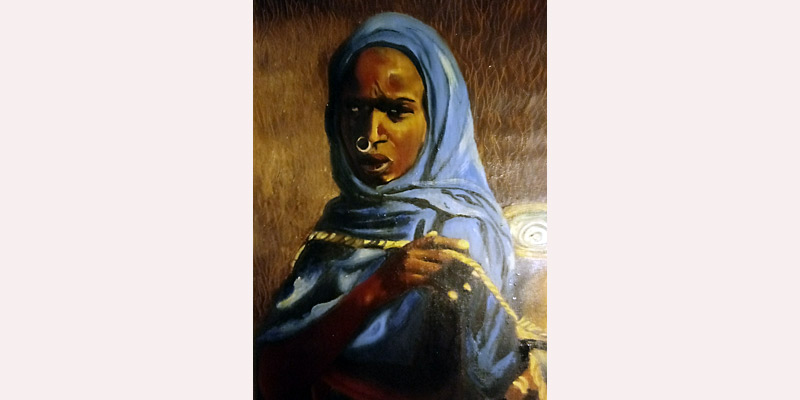 Painting of girl in blue scarf by Gladys Crampton.