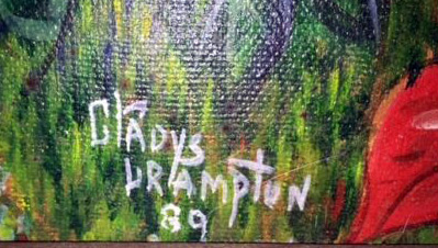 Gladys Crampton's signature on the painting of the man in the clouds. 