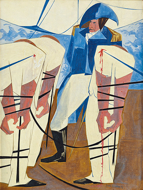 A painting from Jacob Lawrence's "Struggle" series. This one is titled "Tension on the High Seas."