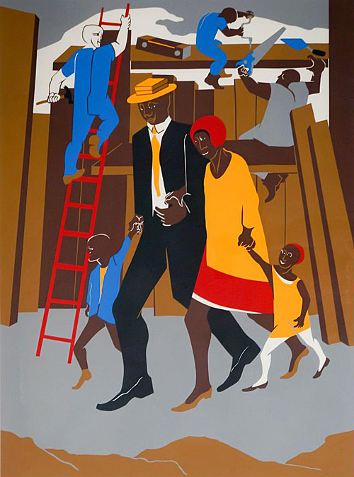 Lithograph print by Jacob Lawrence titled "The Builders (Family)."