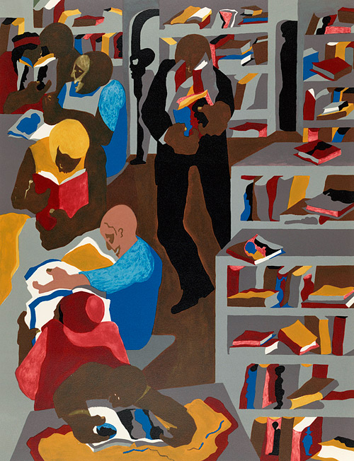 Serigraph print by Jacob Lawrence titled "Schomburg Library." 