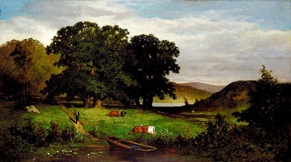 Edward Mitchell Bannister's "Oak Trees." This painting is said to be in the style of his "Under the Oaks," which won first prize in painting at the 1876 Philadelphia Centennial Exhibition.