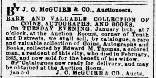 Advertisement for an auction of Edward M. Thomas' books, autographs and coins in Washington, DC, in 1865.