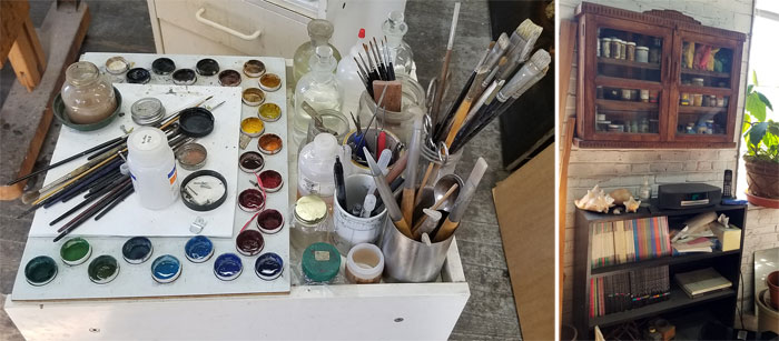 Pigments and materials in Carole Abercauph's studio. She makes her own paints.