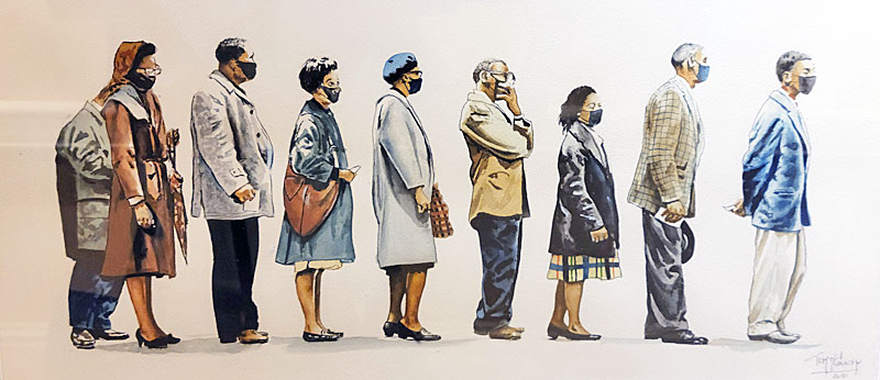 People in a line wearing masks waiting to be vaccinated.
