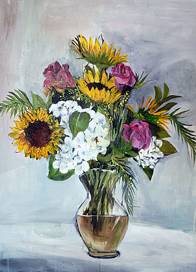 Bessie Ruth Bridges' unfinished still life of flowers, which sits on a short rise of steps between her living and dining rooms. "I like to look at it when I get up. When I come in, it hits me in the eye."