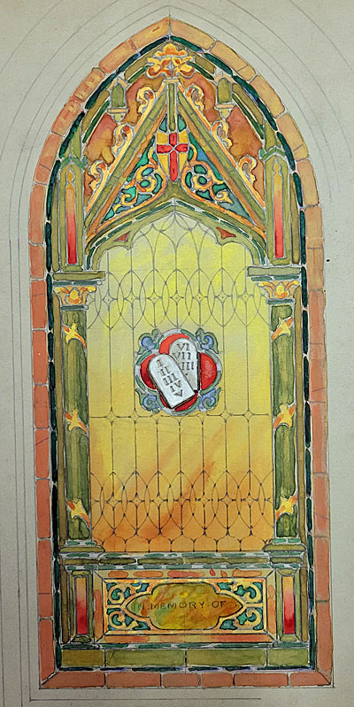 Enlarged view of a watercolor sample of a stained glass window donated by Oesterle Glass Works to the Free Library of Philadelphia. The designer is unknown. 