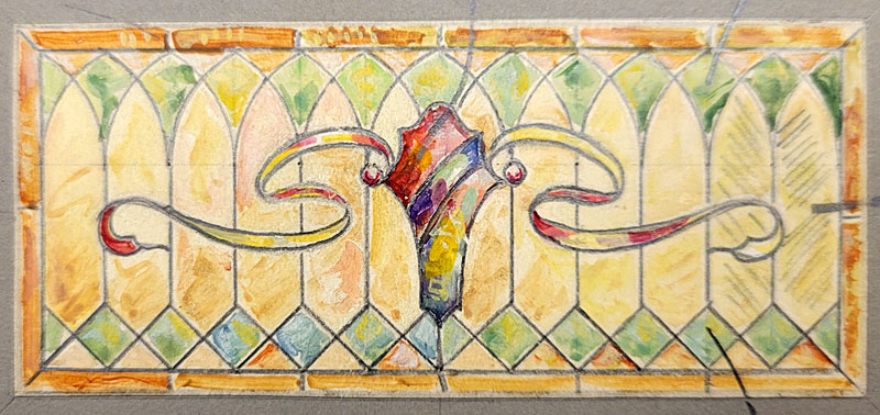 Enlarged view of a mini stained glass window watercolor sample for a dining room in the collection of the Free Library of Philadelphia. It was donated by Oesterle Glass Works. The designer is unknown. 