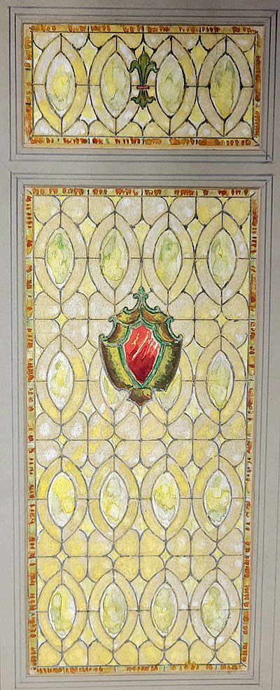 Enlarged view of a watercolor sample of a stained glass window donated by Oesterle Glass Works to the Free Library of Philadelphia. The designer is unknown.