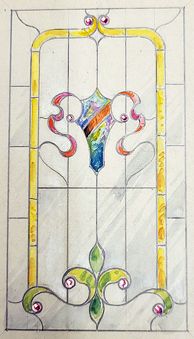 Enlarged view of watercolor sample for a hall window in the collection of the Free Library of Philadelphia.