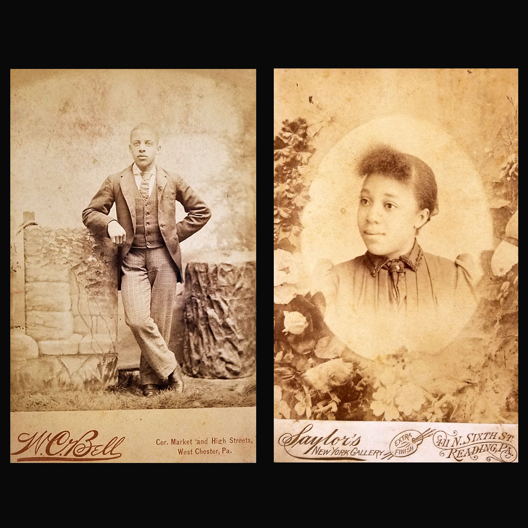 Young Black man and woman photographed on cabinet cards.