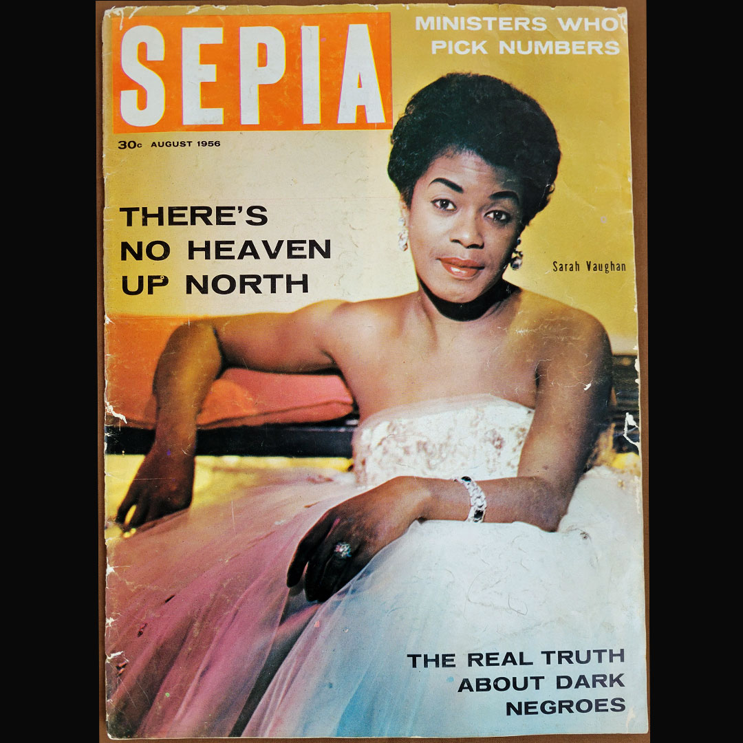 Singer Sarah Vaughan on cover of Sepia magazine.