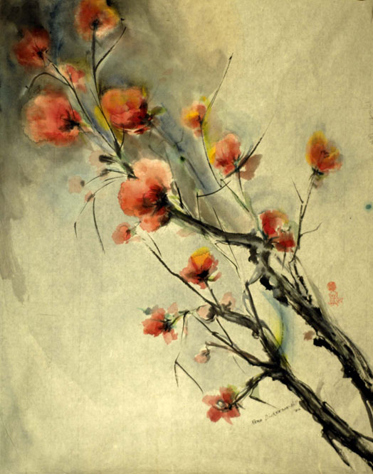 "Cherry Blossoms #2," sumi-e, 1982 by Reba Dickerson-Hill.