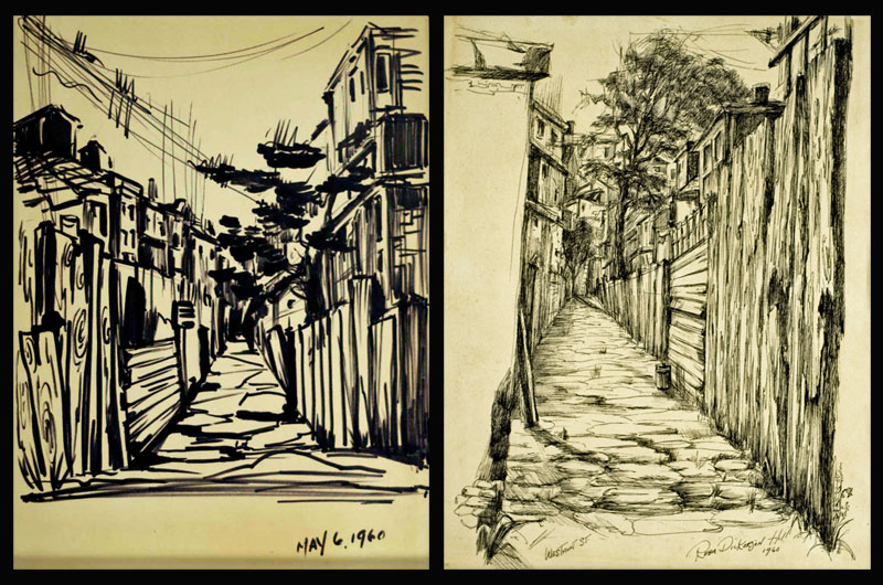 Two street scenes in West Philadelphia where the family first lived. On left, "Philly Alley," 1960 ink brush; on left, "Westmont Street," by Reba Dickerson-Hill.